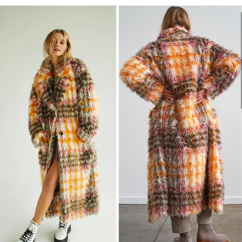 Free People Cardi Plaid Faux Fur Coat